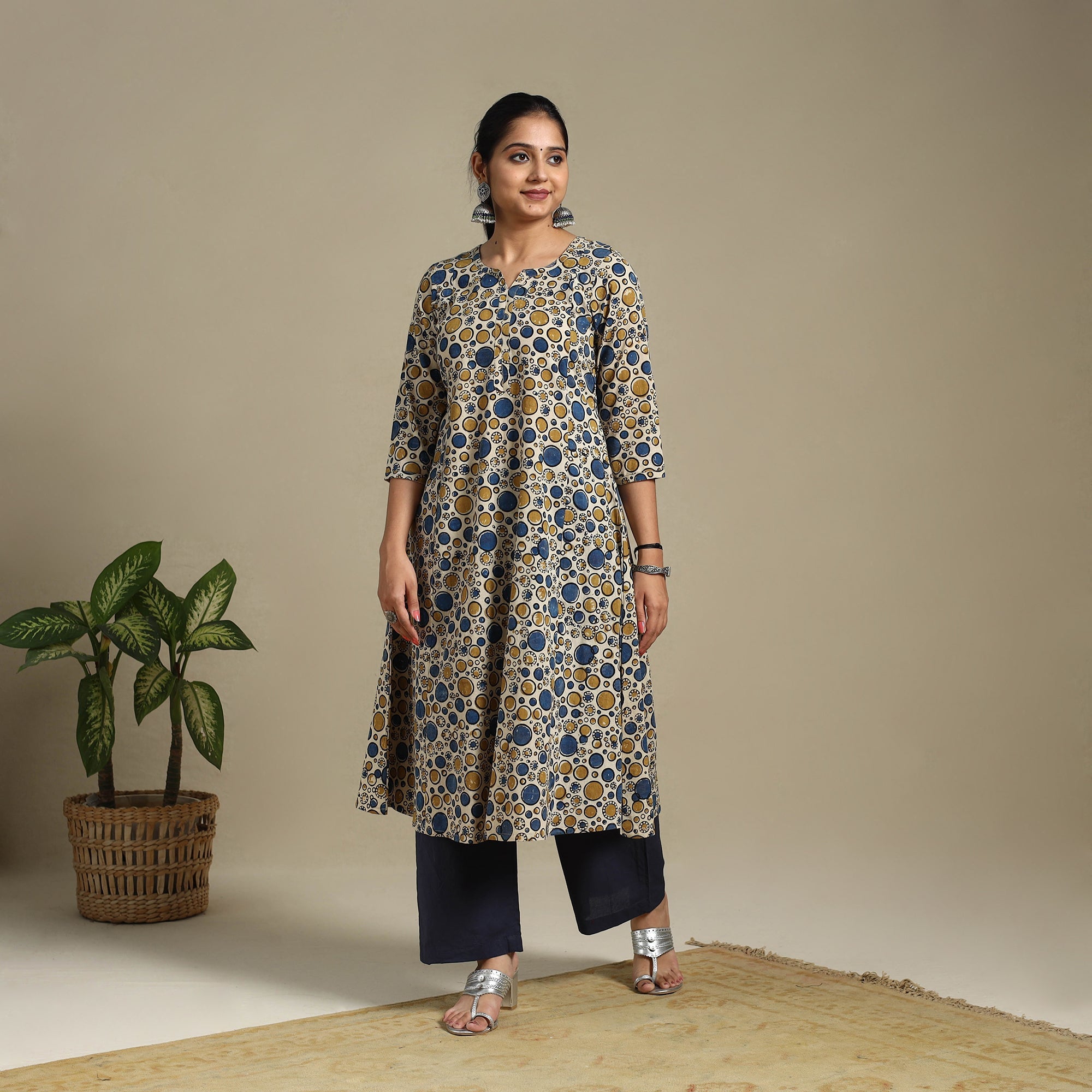 Multicolor Block Print Natural Dyed Cotton A-Line Ajrakh Kurta