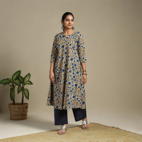 Multicolor Block Print Natural Dyed Cotton A-Line Ajrakh Kurta