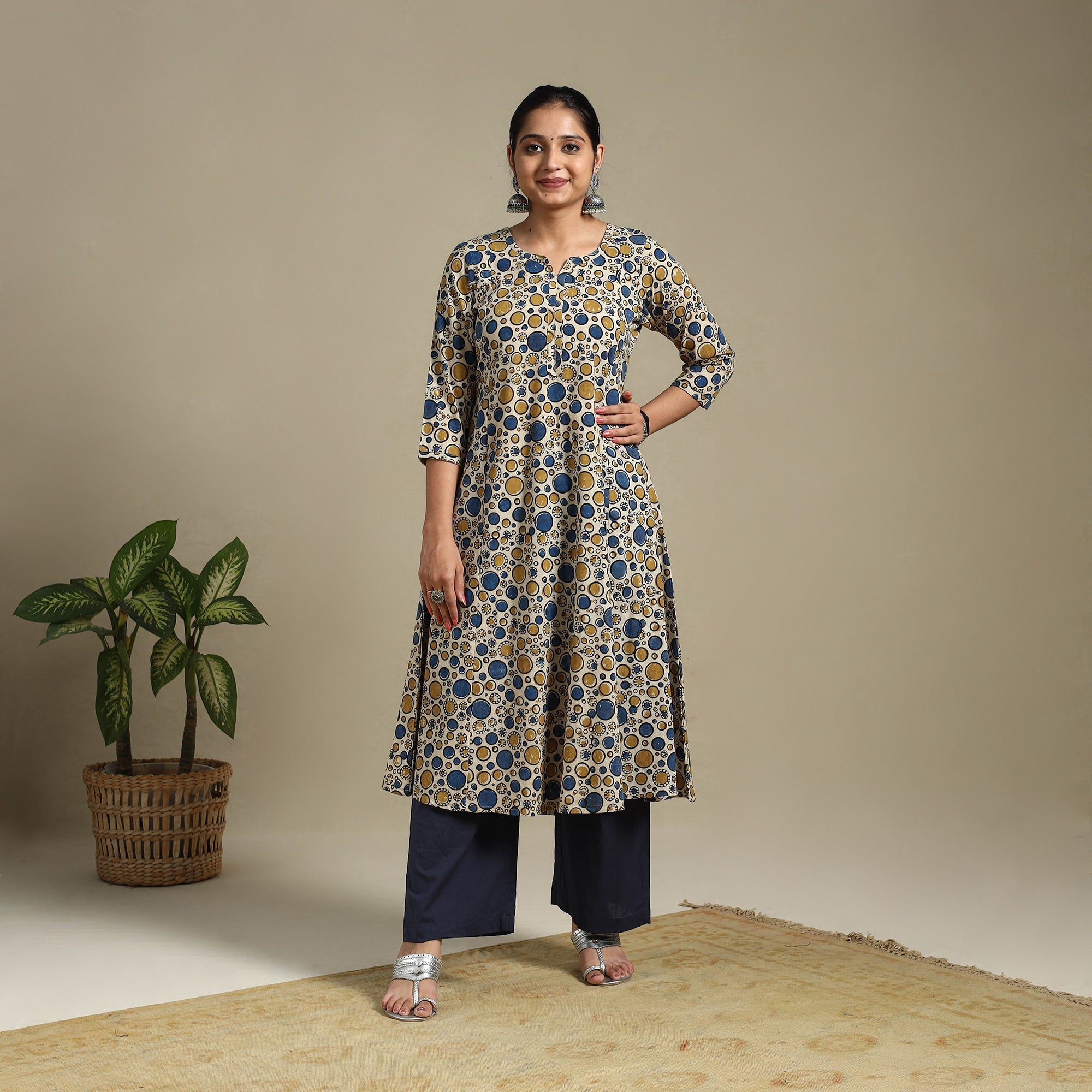 Multicolor Block Print Natural Dyed Cotton A-Line Ajrakh Kurta