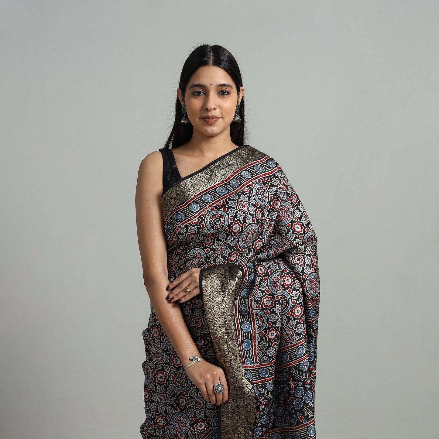  Natural Dyed Hand Block Print Dola Silk Ajrakh Saree