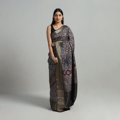  Natural Dyed Hand Block Print Dola Silk Ajrakh Saree