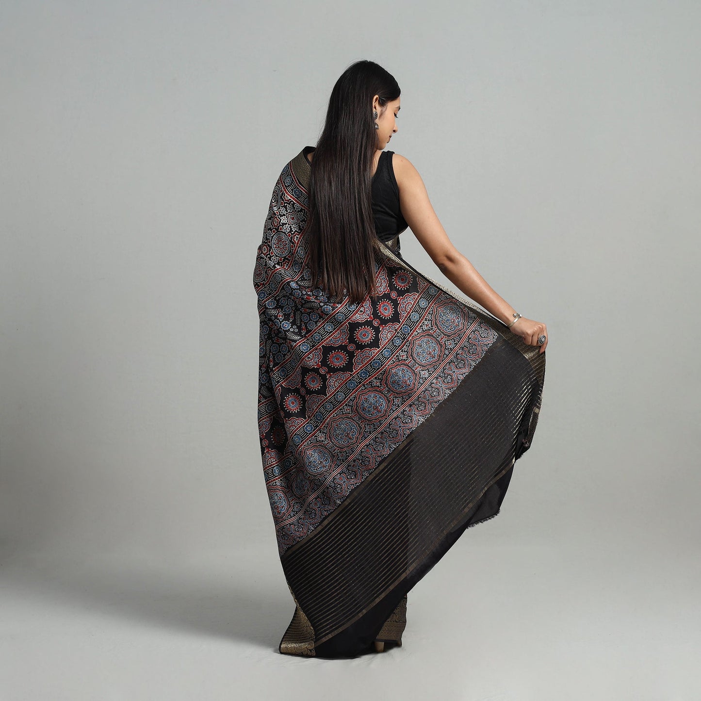  Natural Dyed Hand Block Print Dola Silk Ajrakh Saree