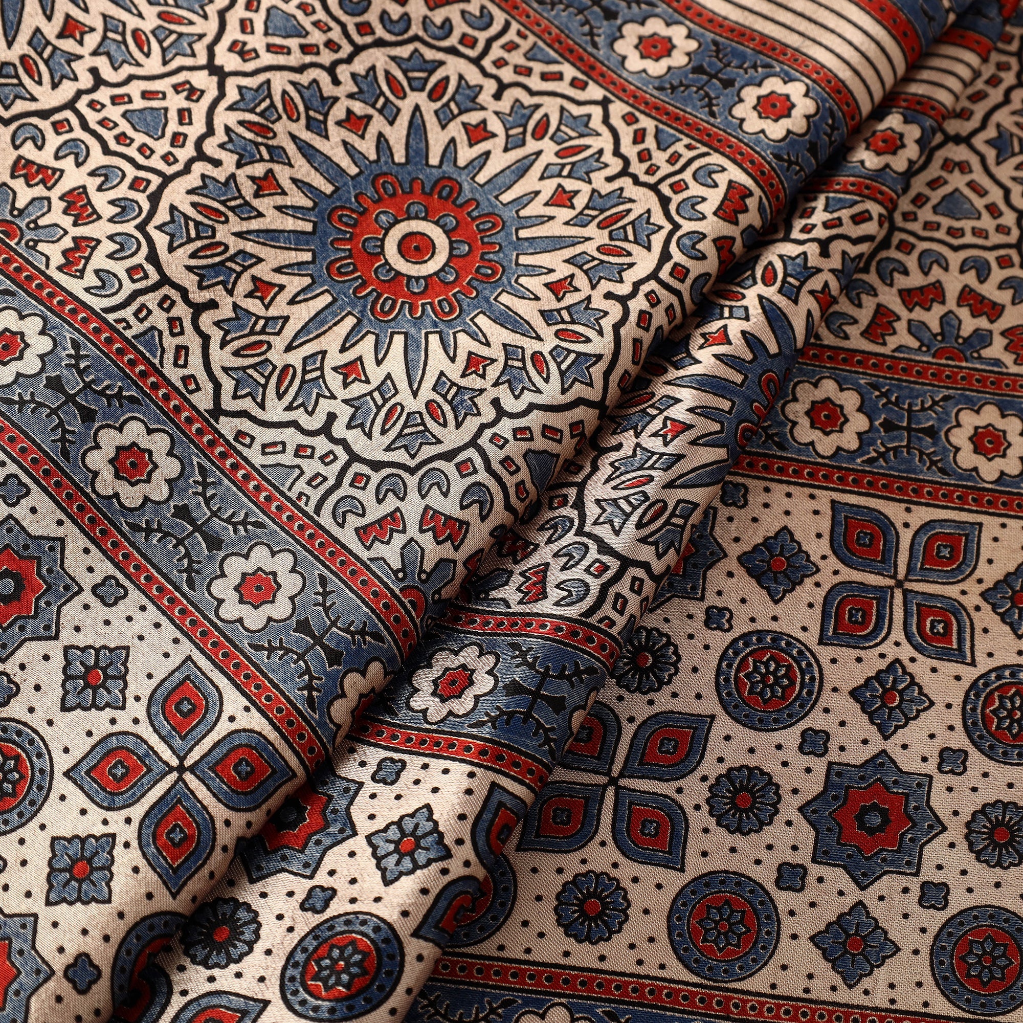 Multicolor Natural Dyed Mashru Silk Ajrakh Print Fabric