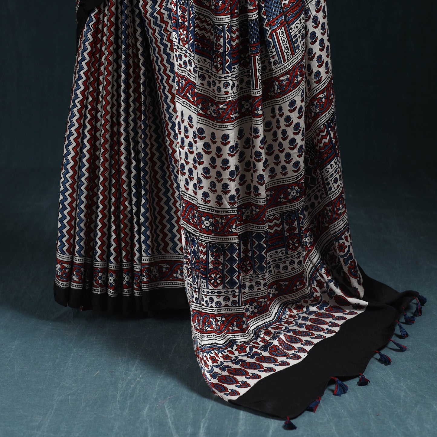 Natural dyed modal silk kutch hand block print ajrakh saree