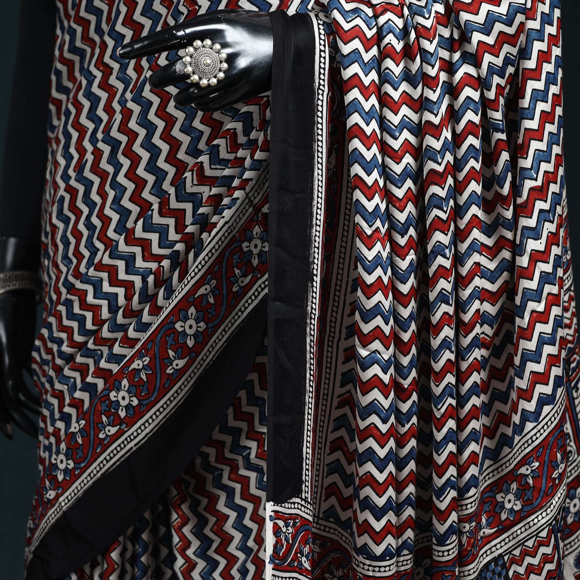 Natural dyed modal silk kutch hand block print ajrakh saree