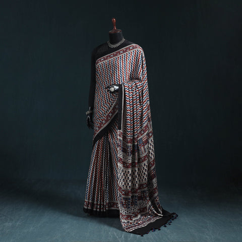 Natural dyed modal silk kutch hand block print ajrakh saree