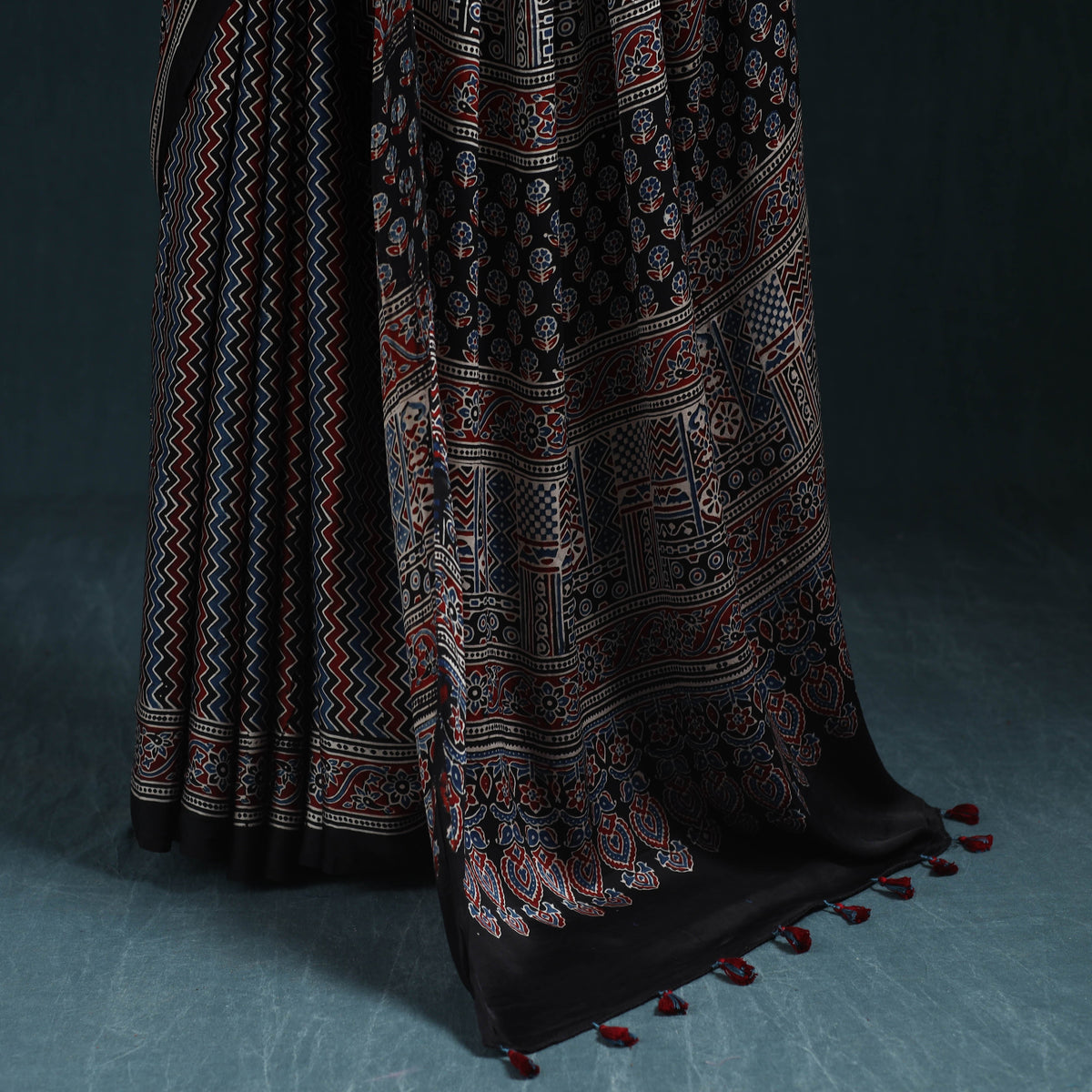 Natural dyed modal silk kutch hand block print ajrakh saree