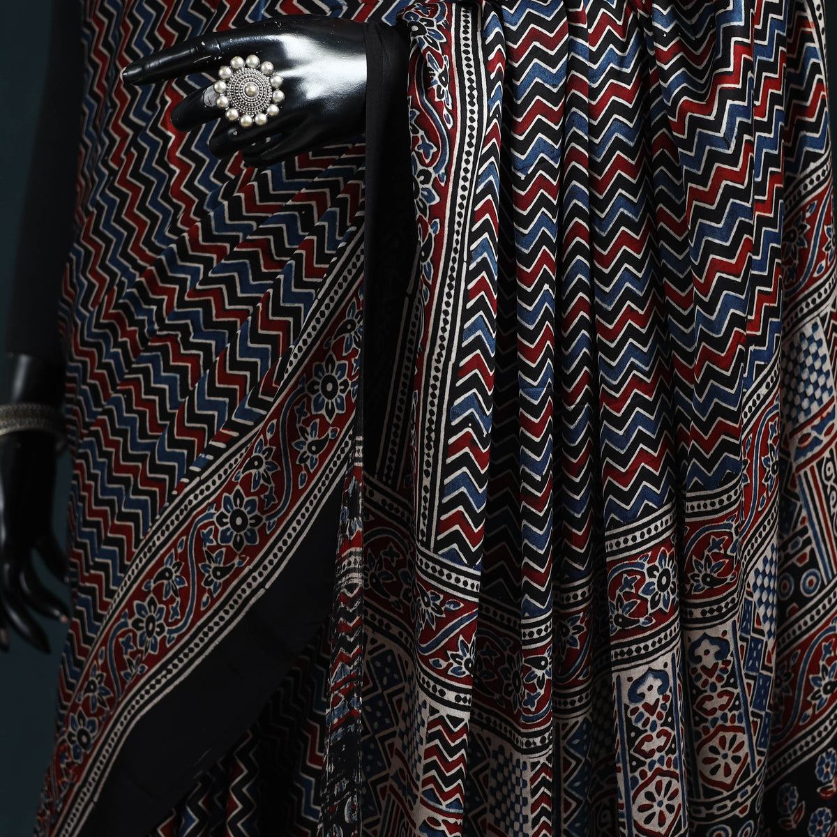 Natural dyed modal silk kutch hand block print ajrakh saree