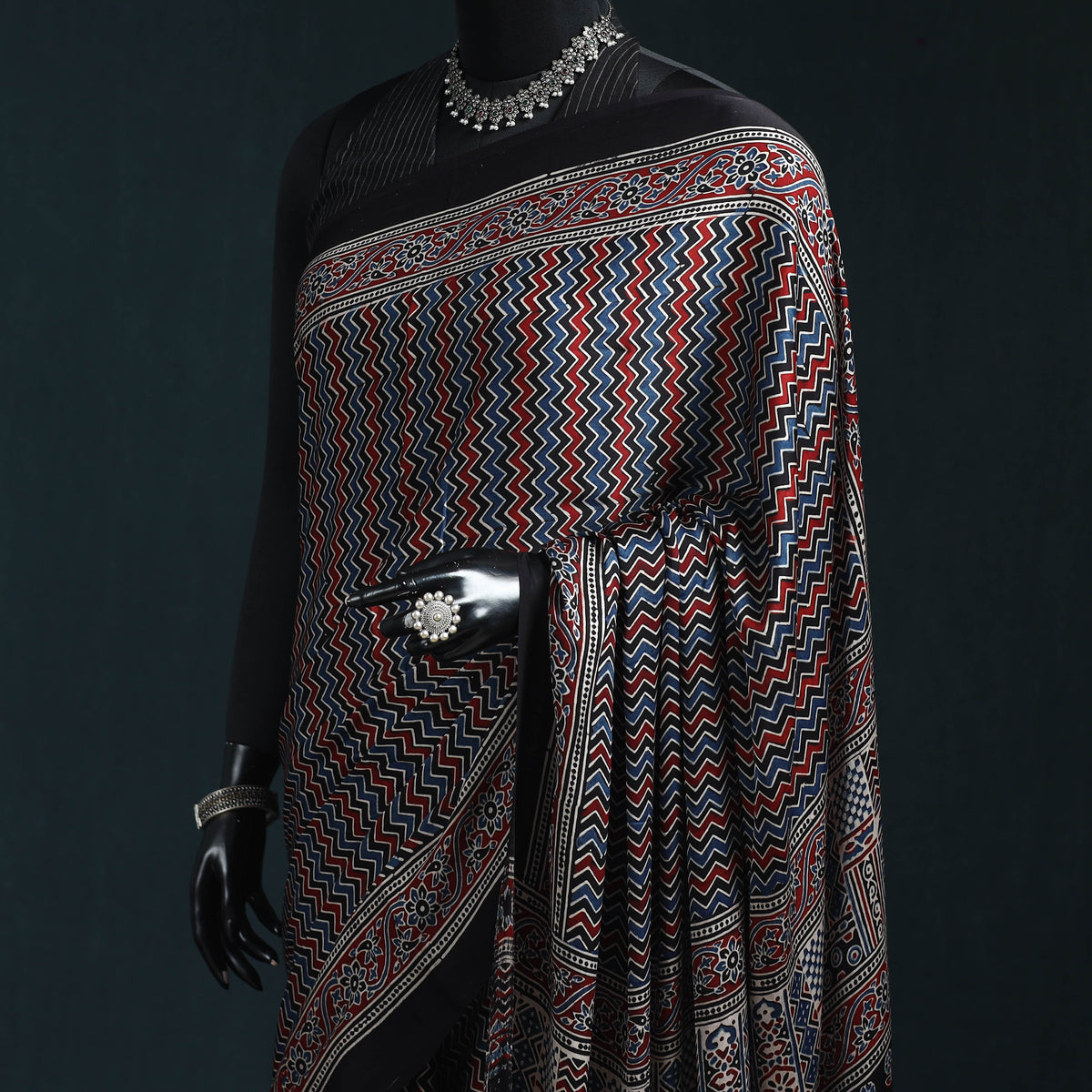 Natural dyed modal silk kutch hand block print ajrakh saree