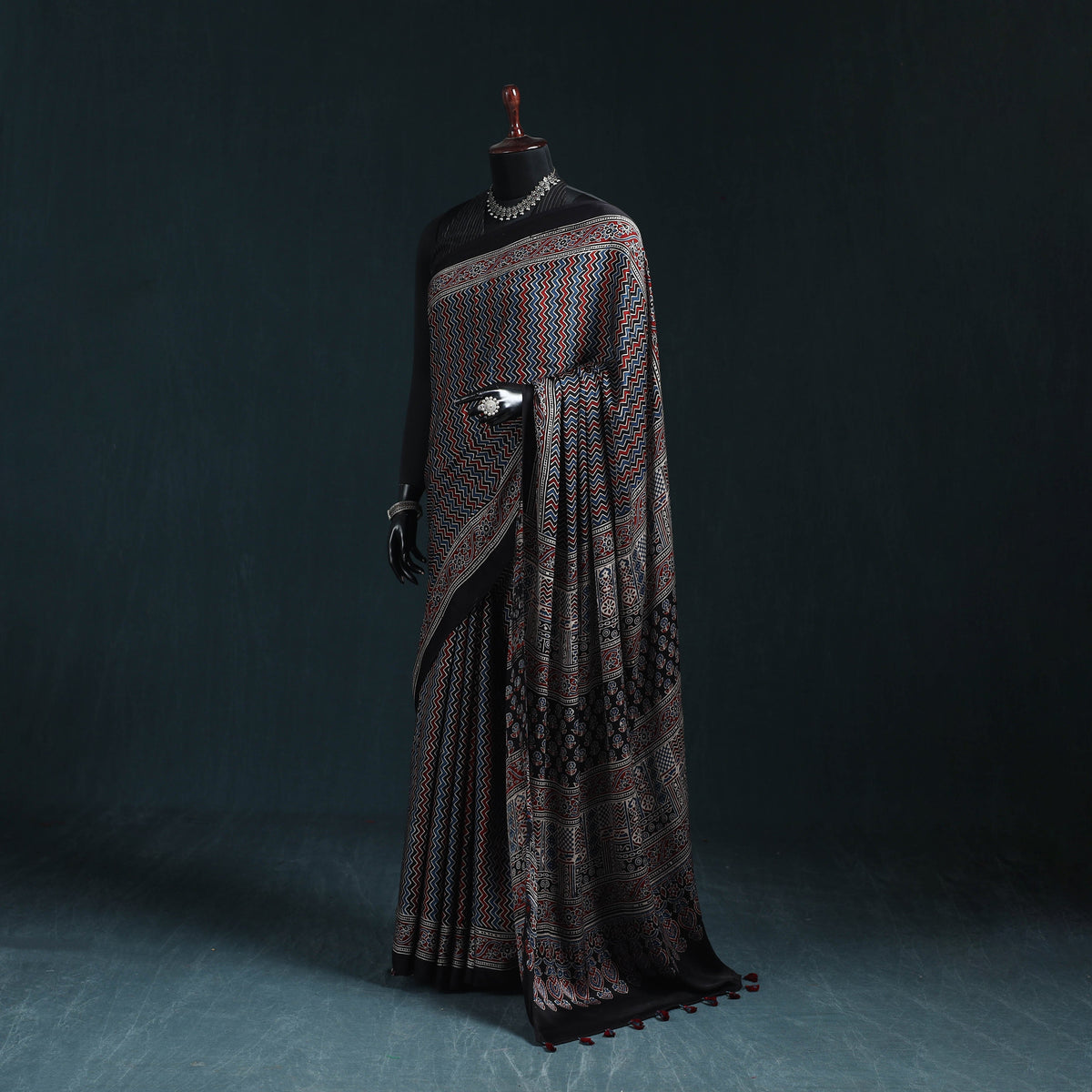 Natural dyed modal silk kutch hand block print ajrakh saree