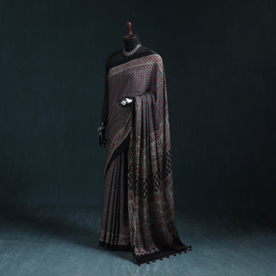 Natural dyed modal silk kutch hand block print ajrakh saree