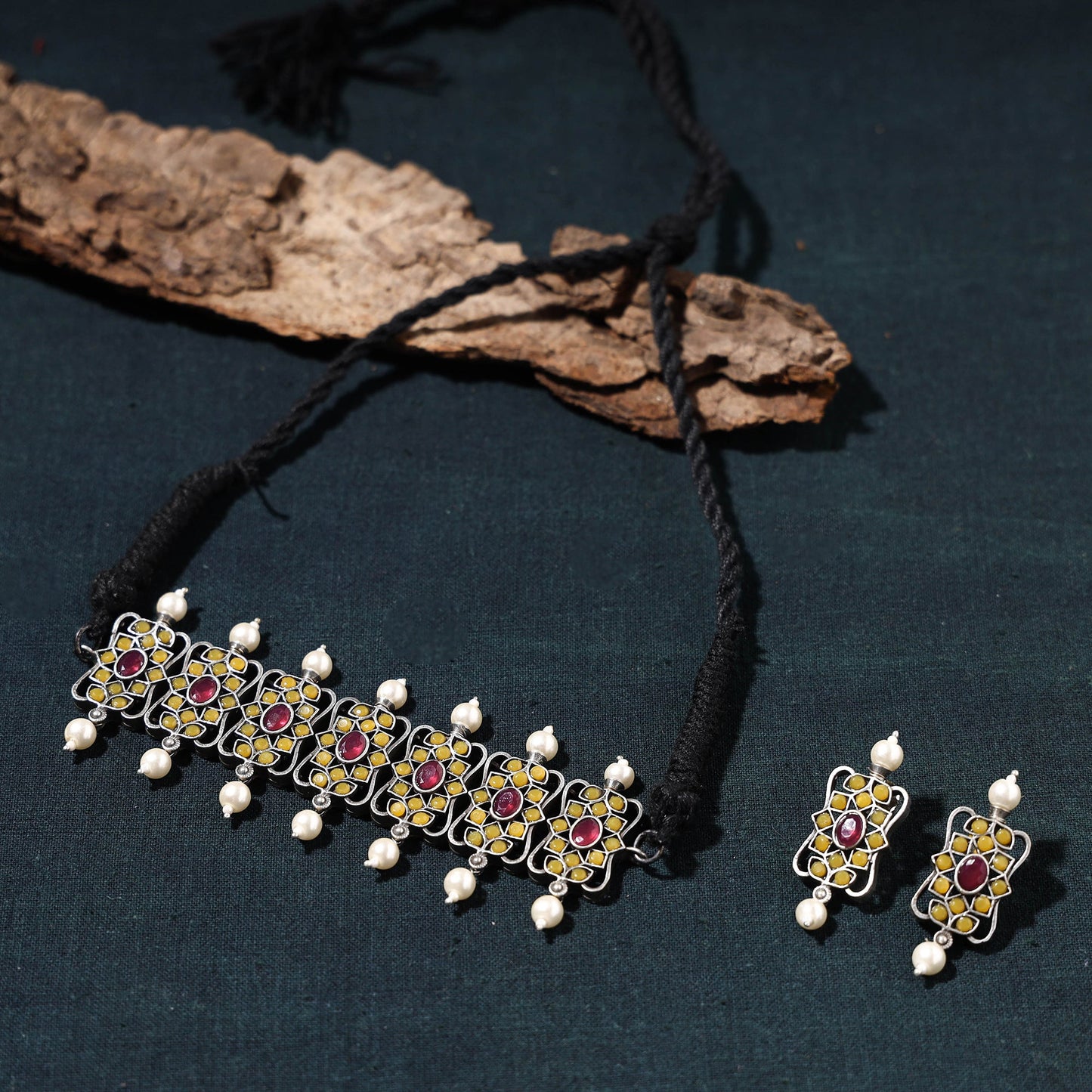  Antique Silver Finish Oxidised Brass Base Stone Work Choker Necklace Set 