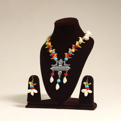 Navratri Special! Multicolor German Silver Shell & Thread Beads Necklace Set