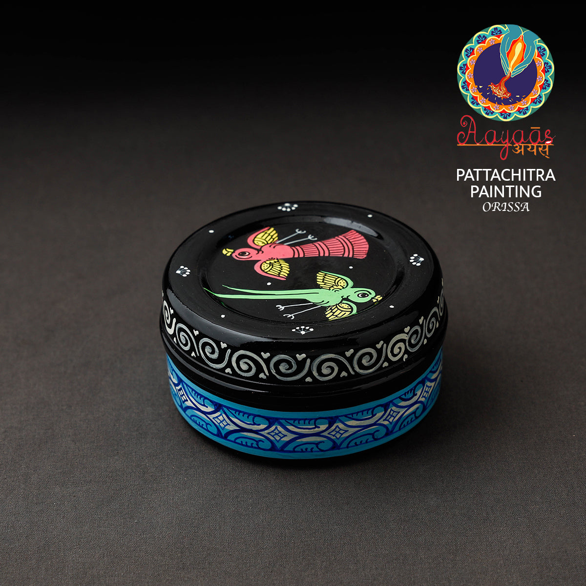 Multicolor Odisha Pattachitra Black Handpainted Stainless Steel Container