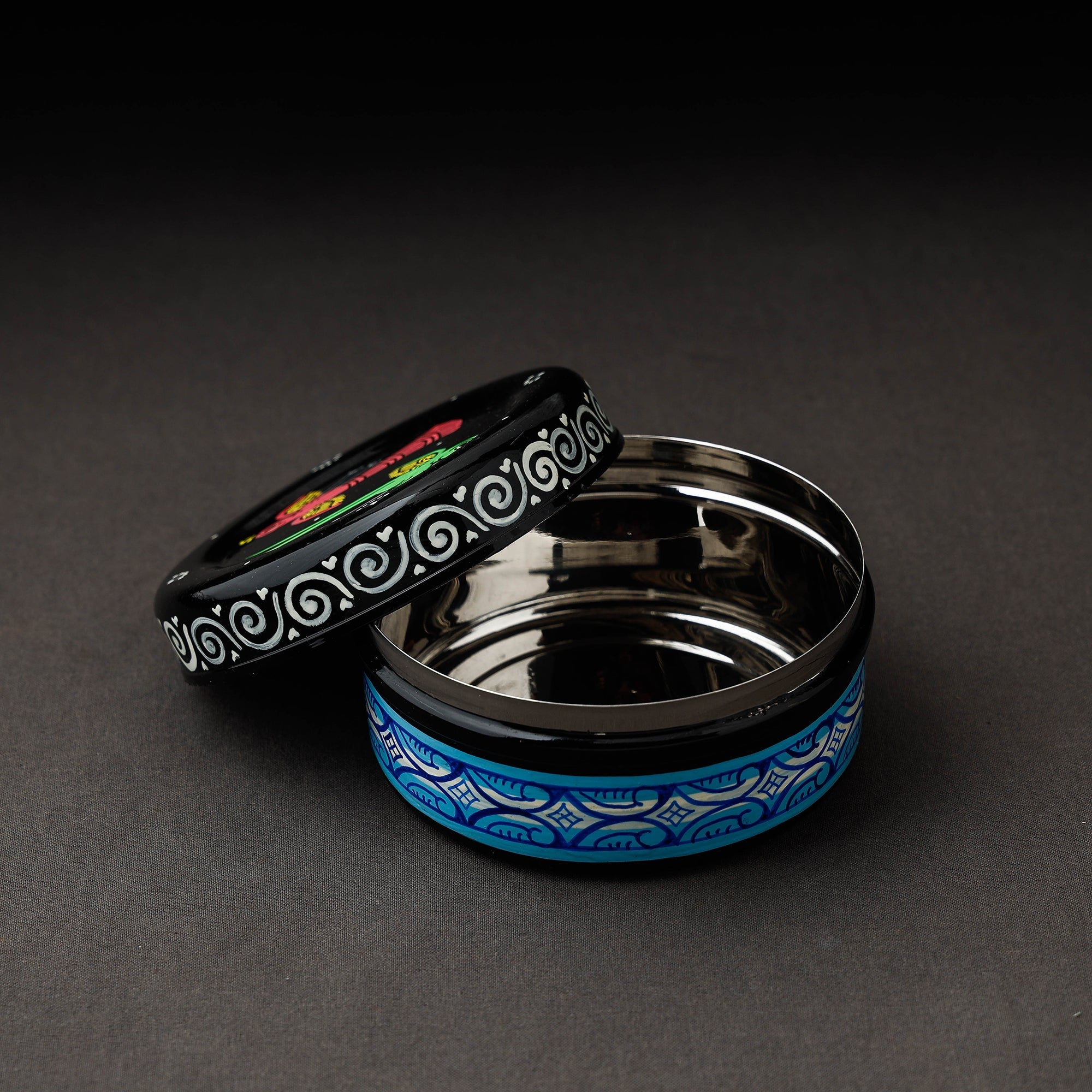 Multicolor Odisha Pattachitra Black Handpainted Stainless Steel Container