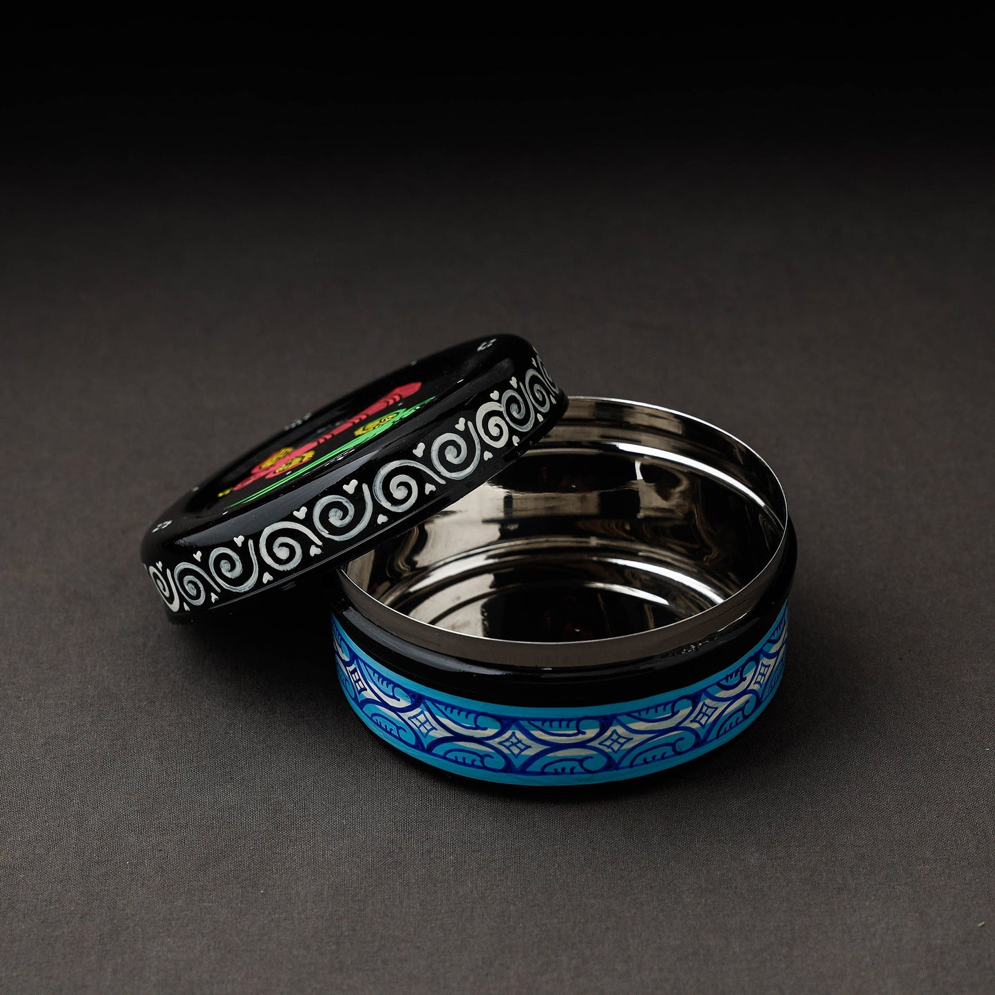 Multicolor Odisha Pattachitra Black Handpainted Stainless Steel Container