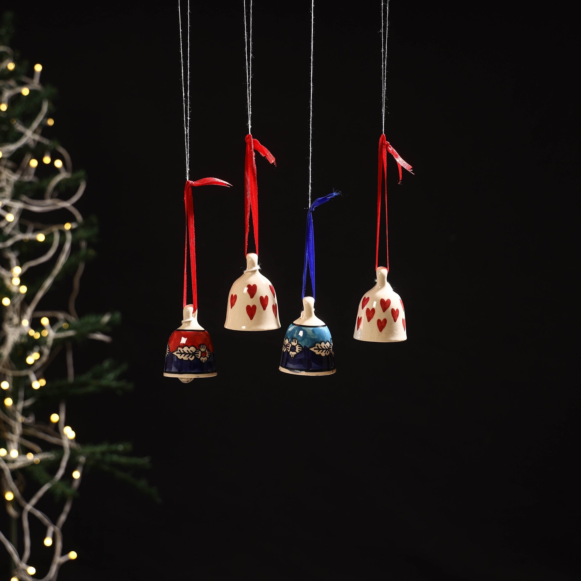 Original blue pottery ceramic decorative hanging bells (set