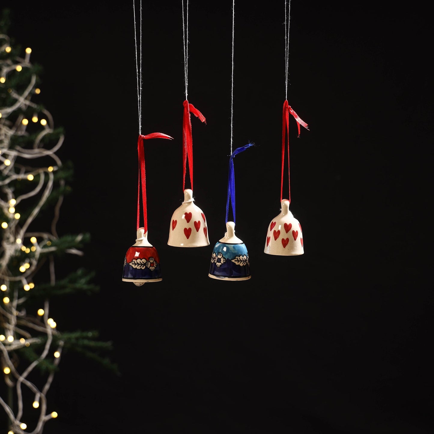 Original blue pottery ceramic decorative hanging bells (set