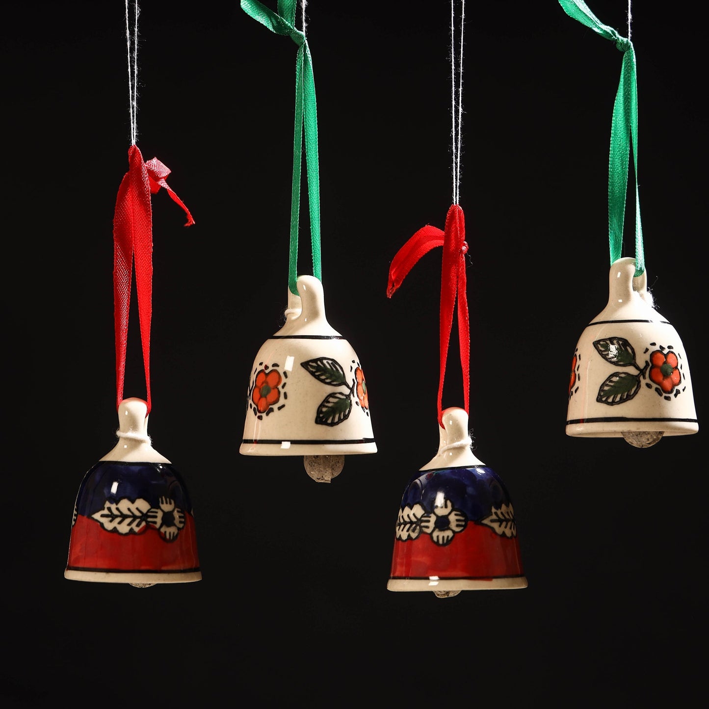 Original blue pottery ceramic decorative hanging bells (set