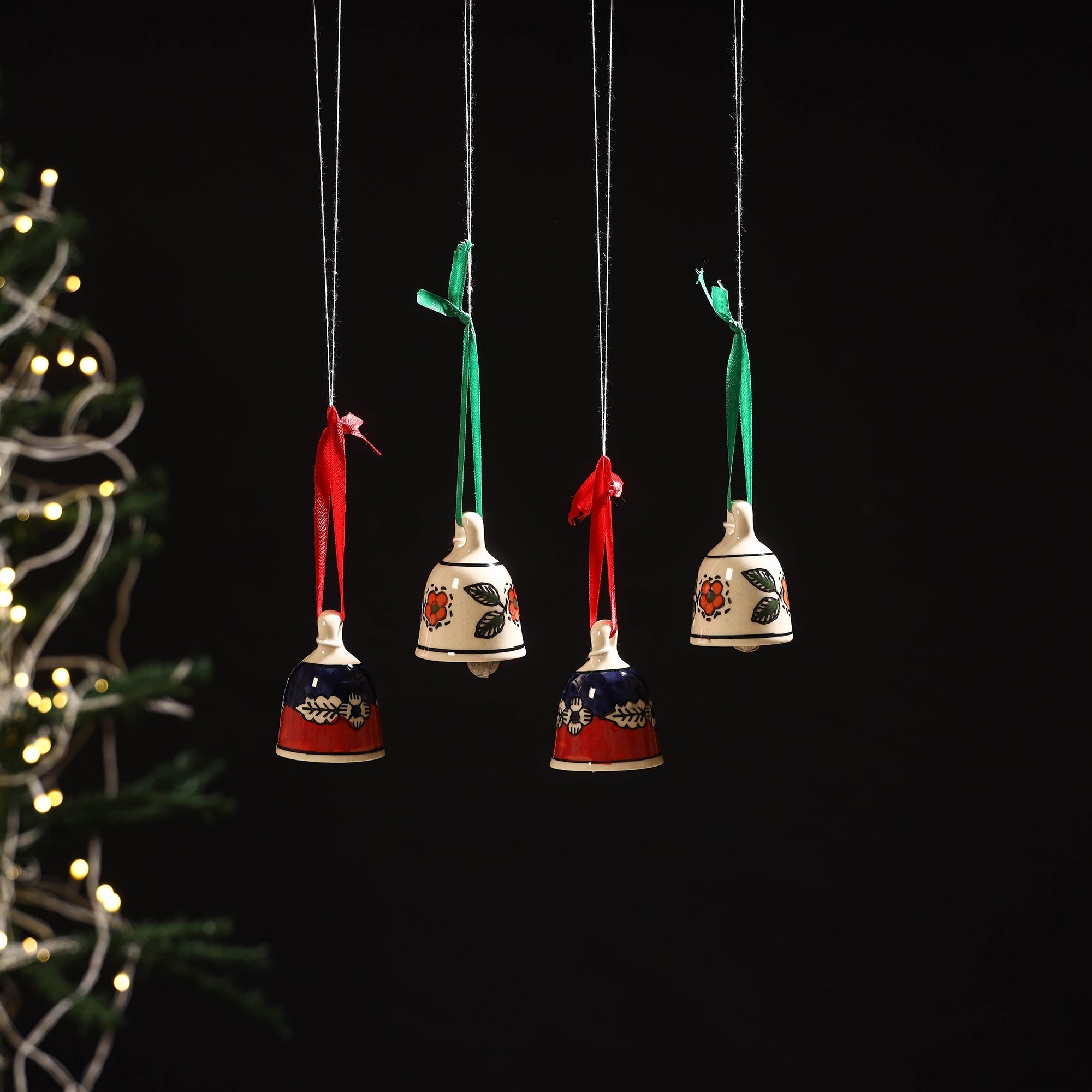 Original blue pottery ceramic decorative hanging bells (set