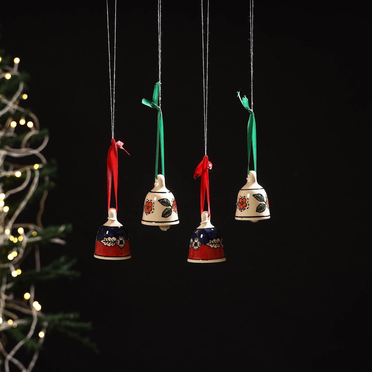 Original blue pottery ceramic decorative hanging bells (set