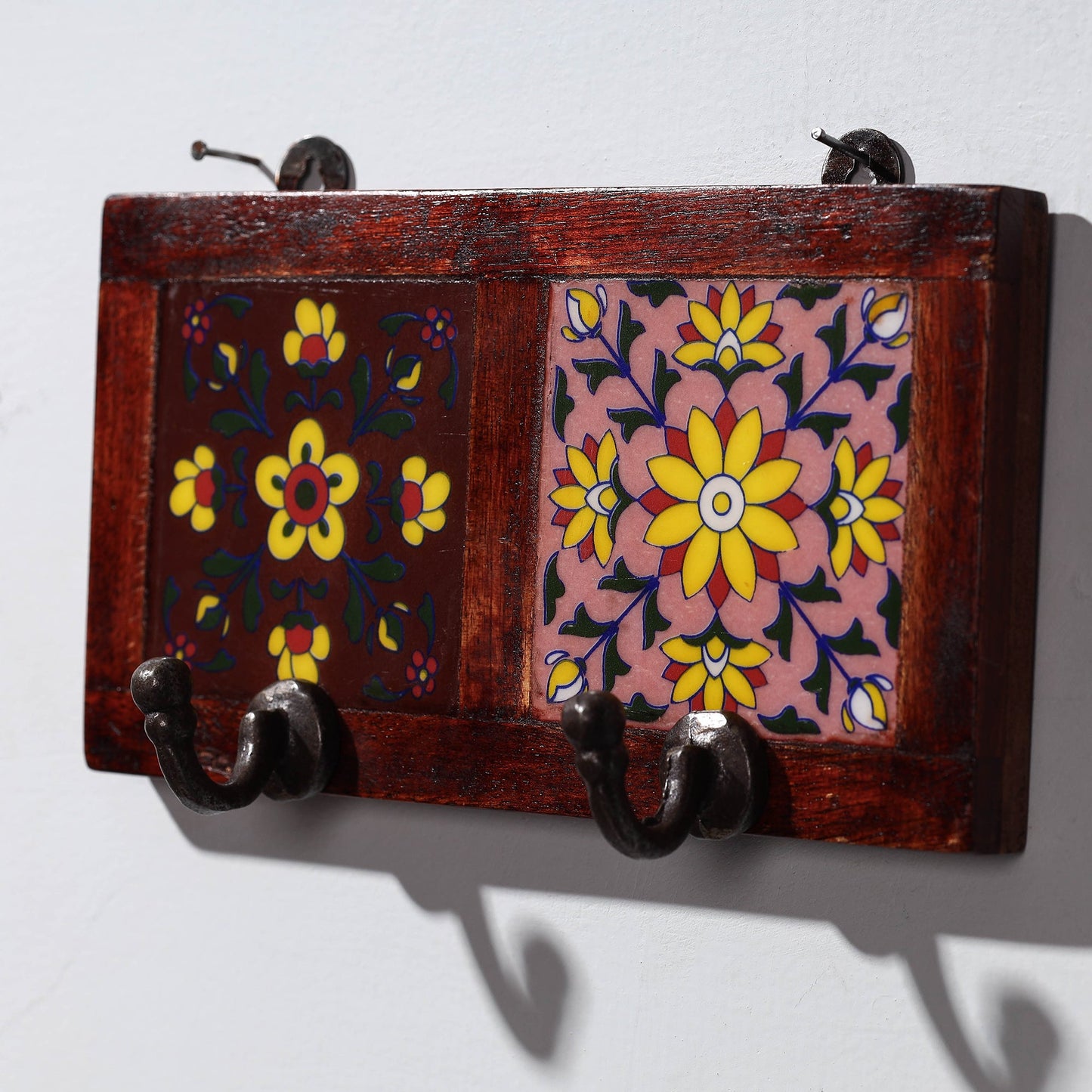  Original Blue Pottery Ceramic Tile Wall Hook Hanger (2 Peg) 