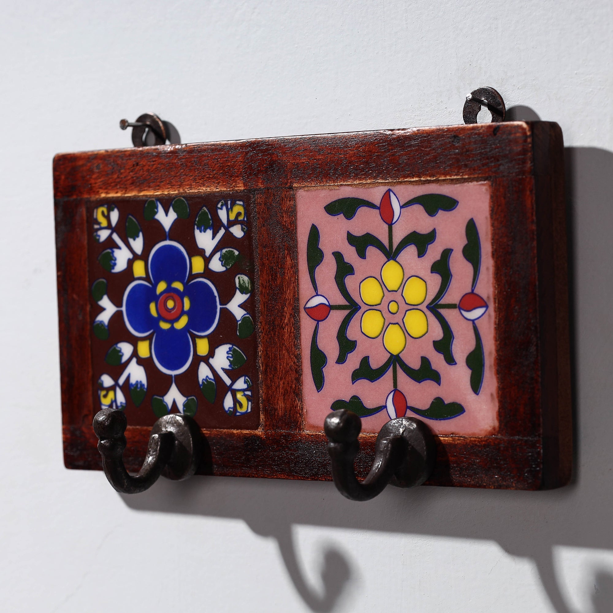  Original Blue Pottery Ceramic Tile Wall Hook Hanger (2 Peg) 
