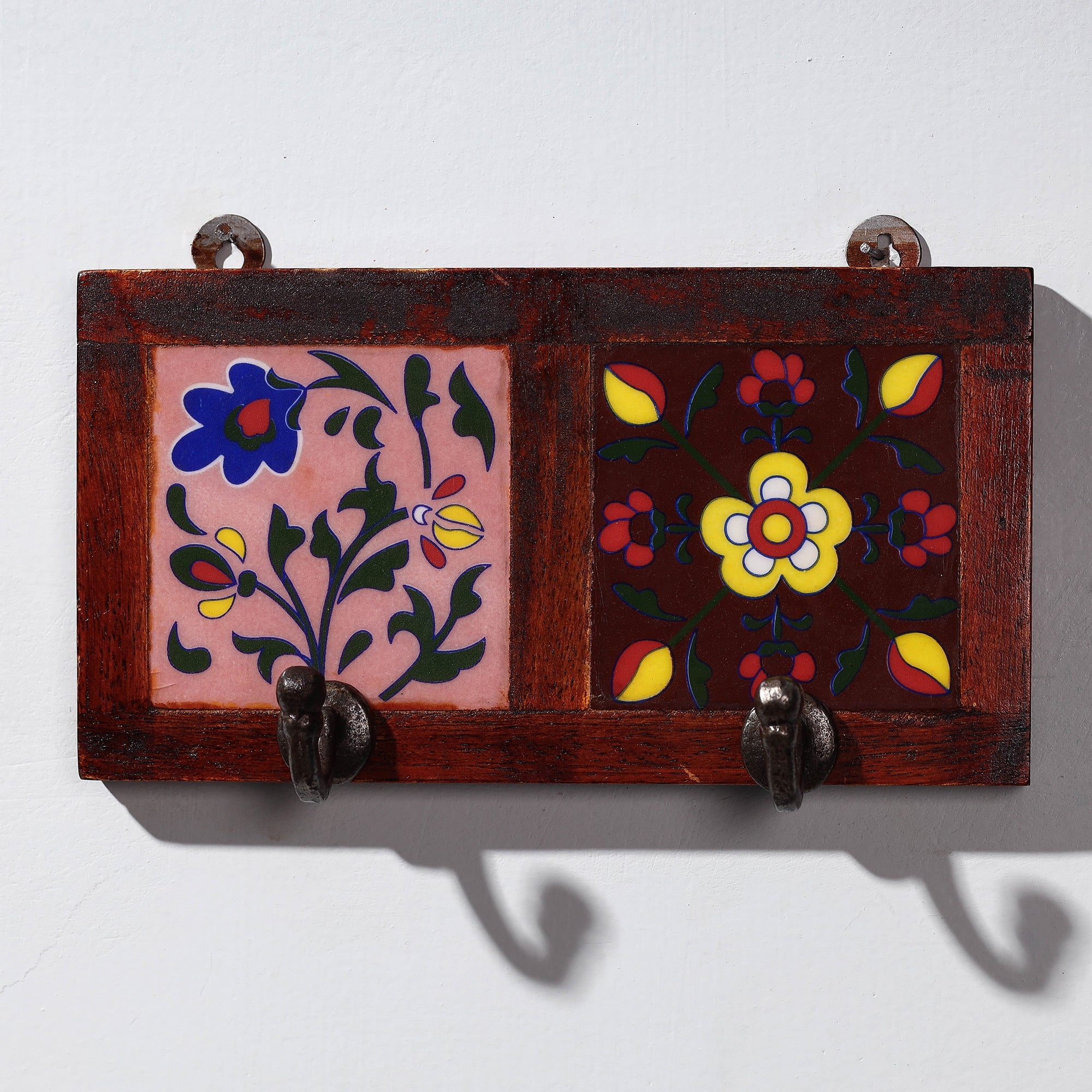  Original Blue Pottery Ceramic Tile Wall Hook Hanger (2 Peg) 