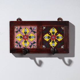  Original Blue Pottery Ceramic Tile Wall Hook Hanger (2 Peg) 