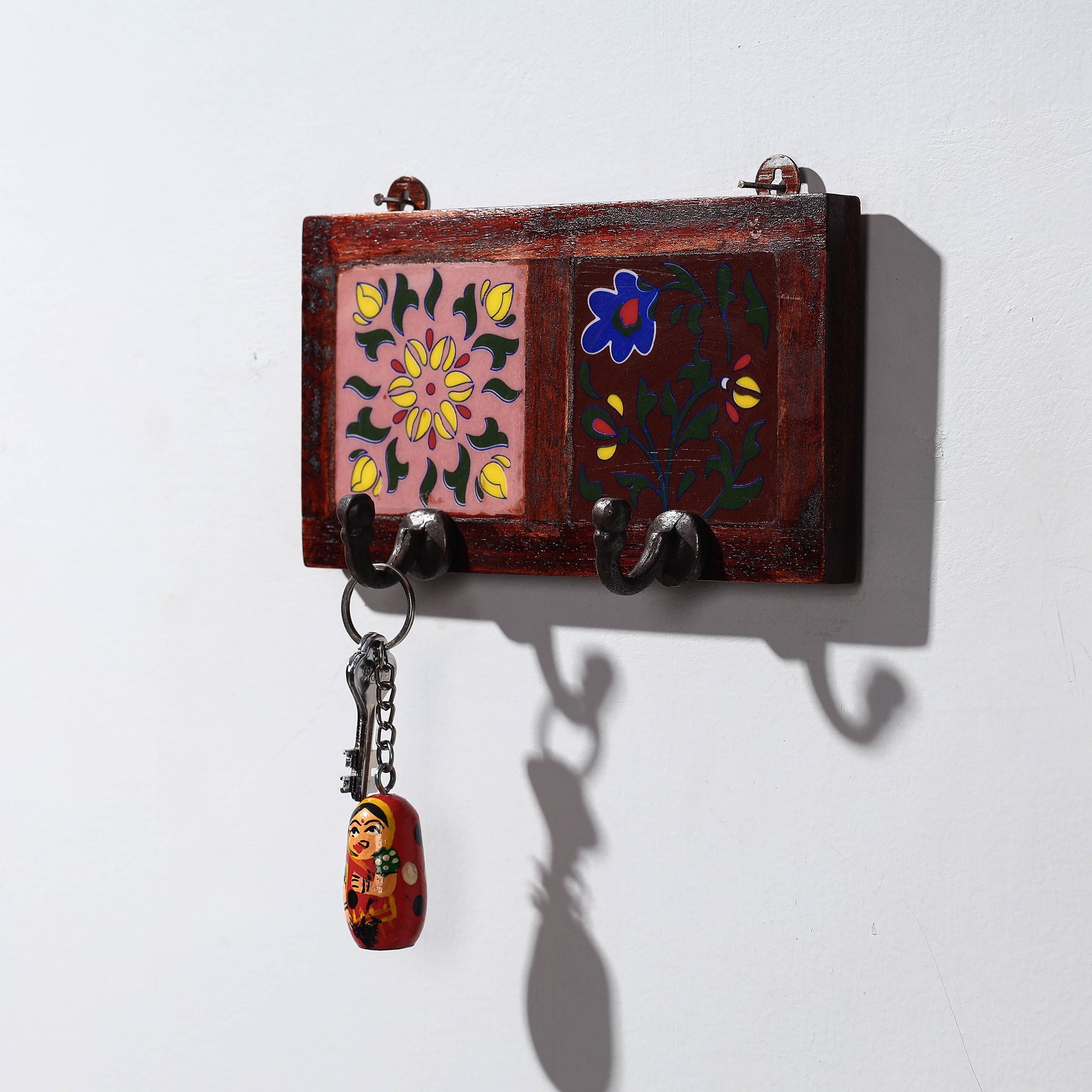  Original Blue Pottery Ceramic Tile Wall Hook Hanger (2 Peg) 