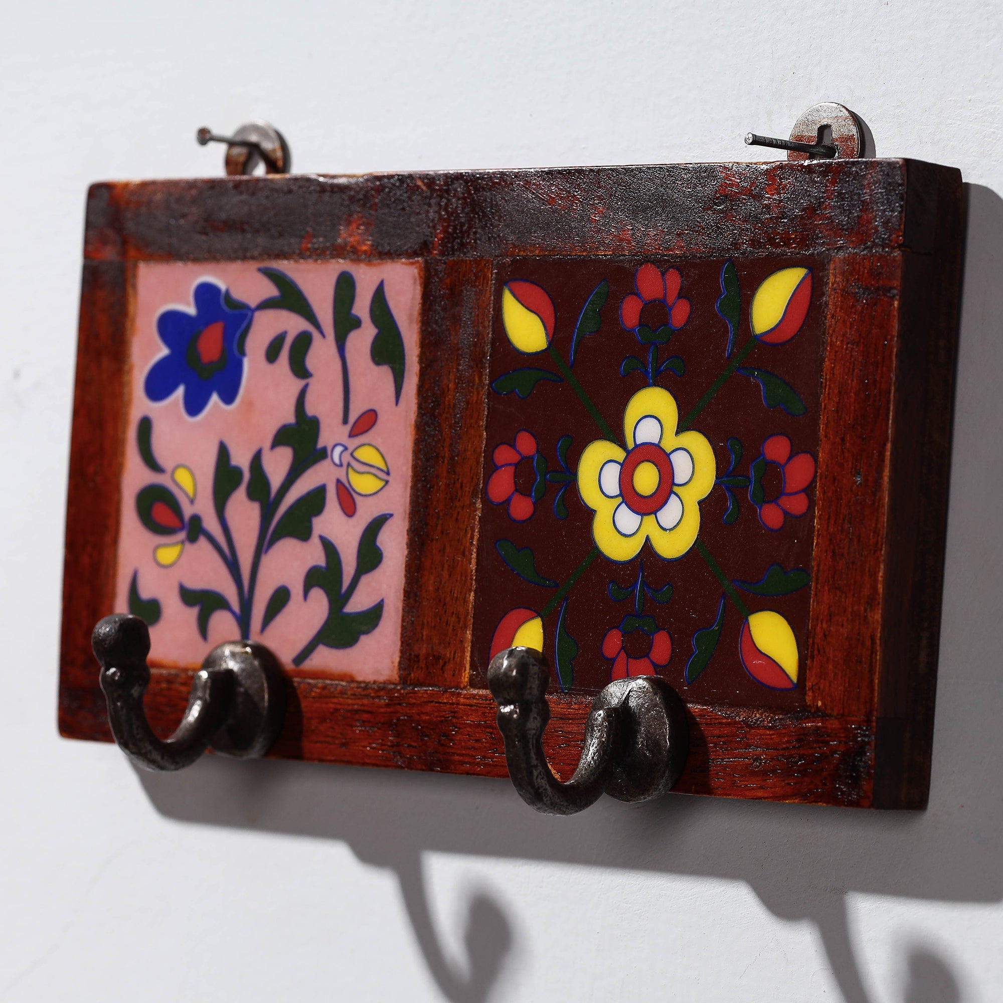  Original Blue Pottery Ceramic Tile Wall Hook Hanger (2 Peg) 