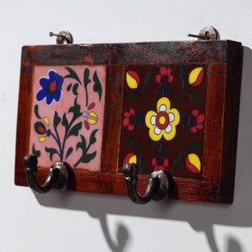  Original Blue Pottery Ceramic Tile Wall Hook Hanger (2 Peg) 