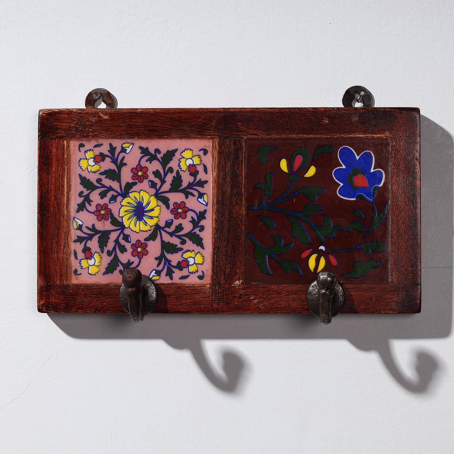  Original Blue Pottery Ceramic Tile Wall Hook Hanger (2 Peg) 