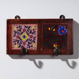  Original Blue Pottery Ceramic Tile Wall Hook Hanger (2 Peg) 