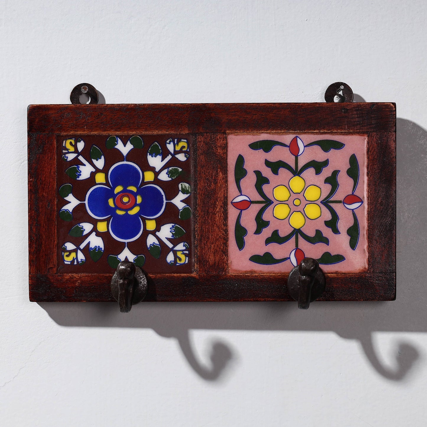  Original Blue Pottery Ceramic Tile Wall Hook Hanger (2 Peg) 