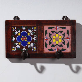  Original Blue Pottery Ceramic Tile Wall Hook Hanger (2 Peg) 