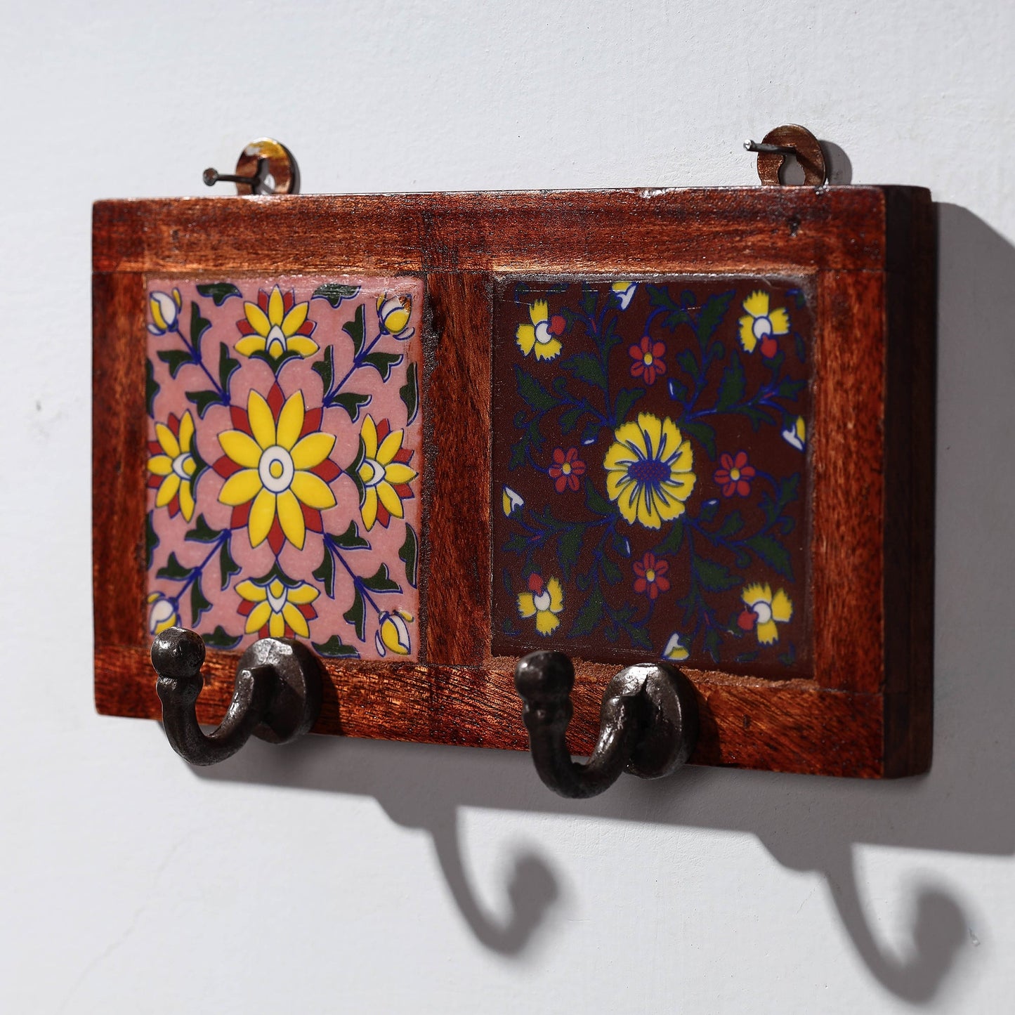  Original Blue Pottery Ceramic Tile Wall Hook Hanger (2 Peg) 