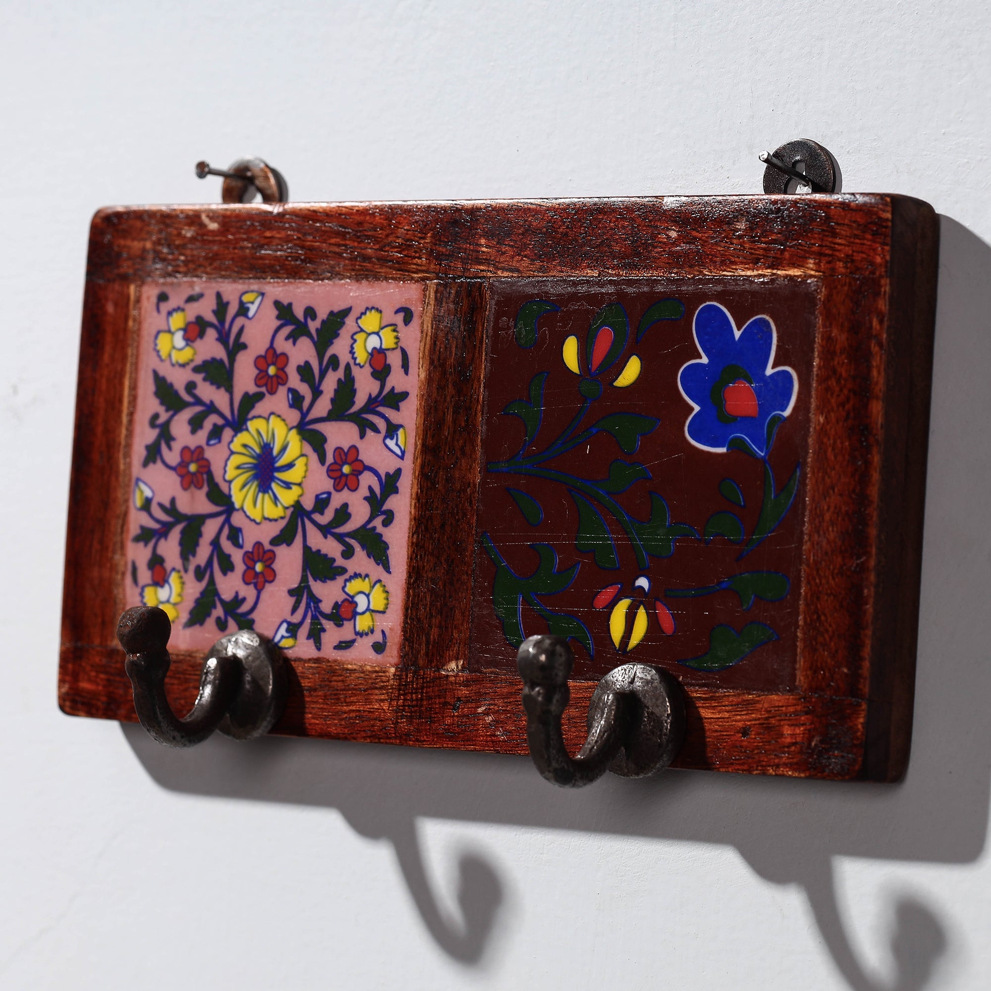  Original Blue Pottery Ceramic Tile Wall Hook Hanger (2 Peg) 