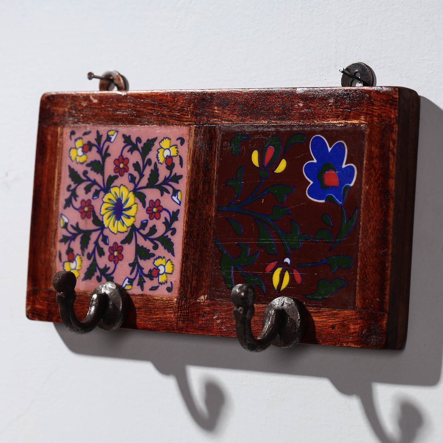  Original Blue Pottery Ceramic Tile Wall Hook Hanger (2 Peg) 