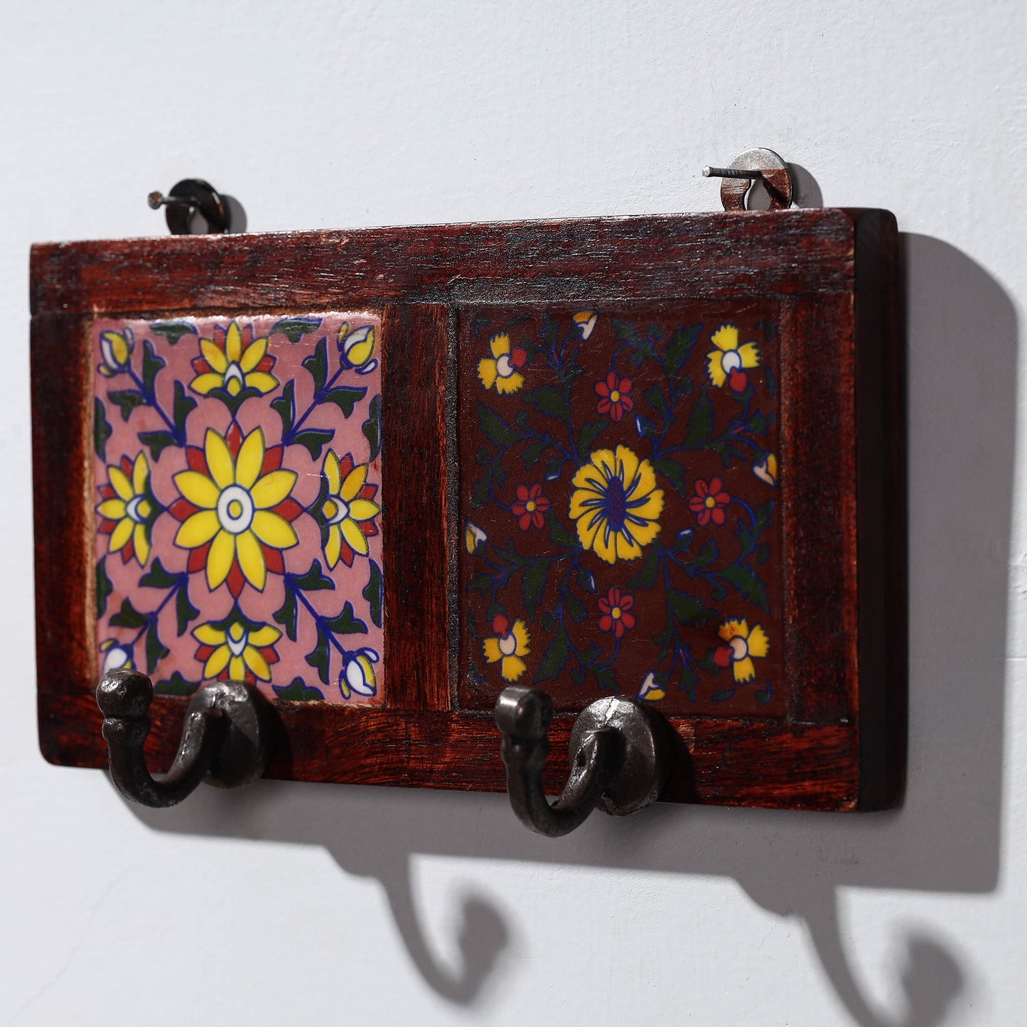  Original Blue Pottery Ceramic Tile Wall Hook Hanger (2 Peg) 