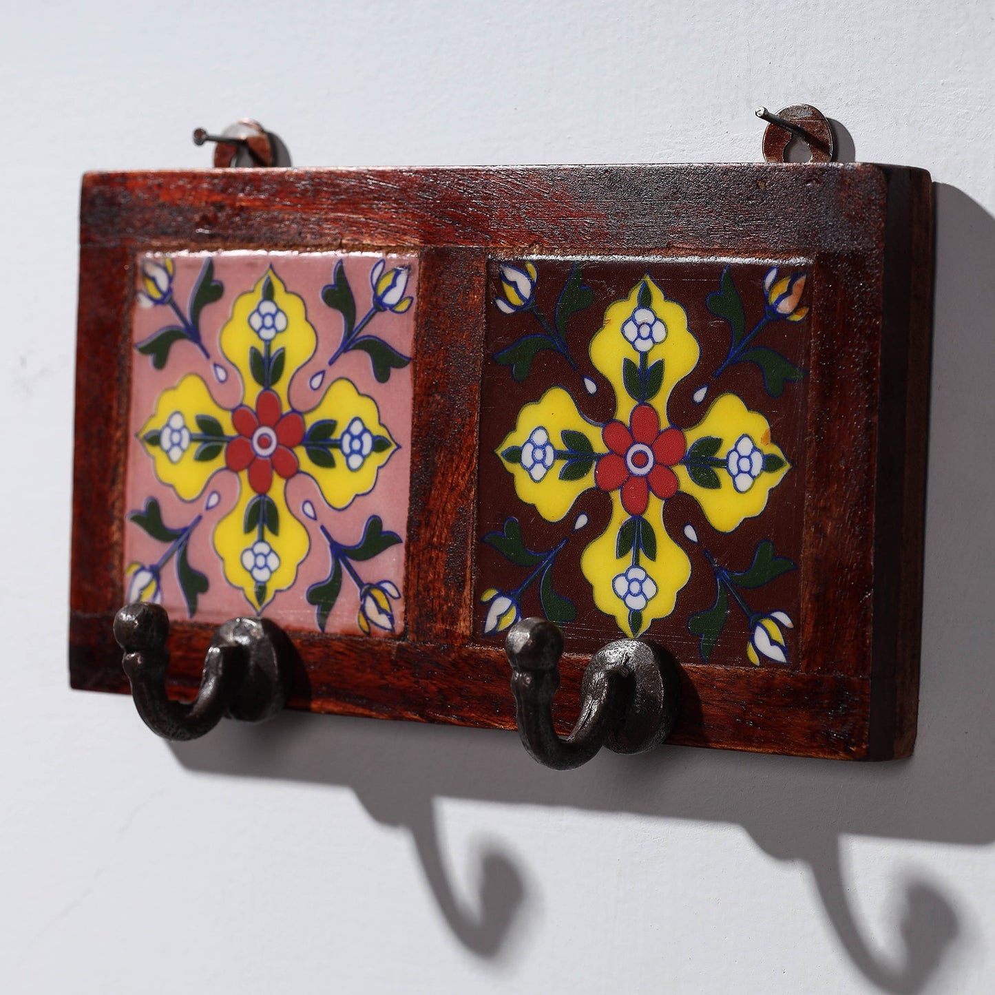  Original Blue Pottery Ceramic Tile Wall Hook Hanger (2 Peg) 