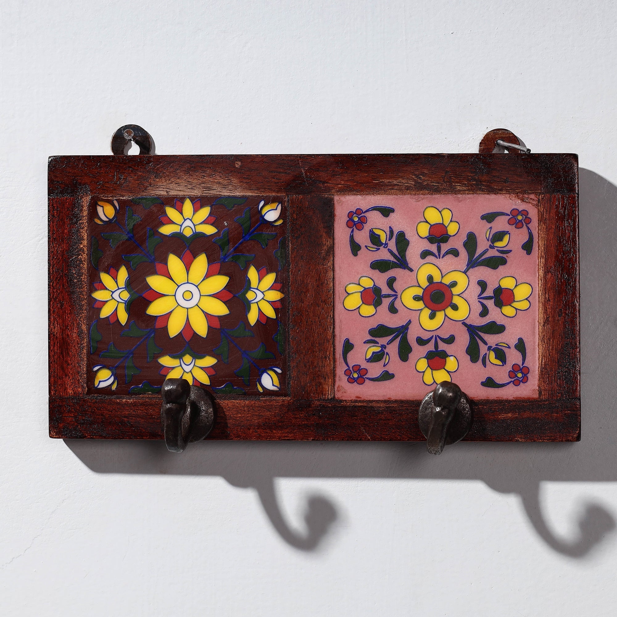  Original Blue Pottery Ceramic Tile Wall Hook Hanger (2 Peg) 