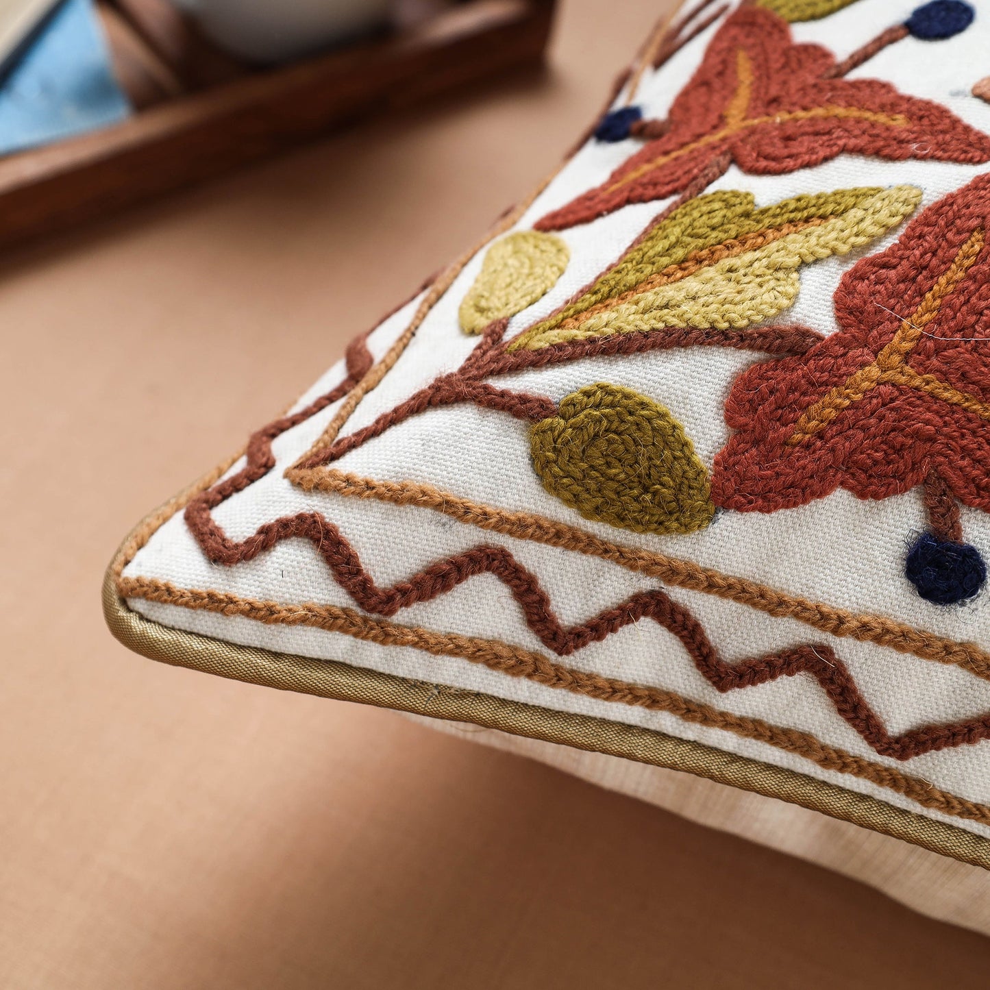 Multicolor Original Chain Stitch Crewel Hand Embroidery Cotton Duck Cushion Cover
