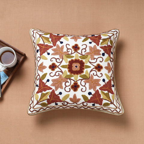 Multicolor Original Chain Stitch Crewel Hand Embroidery Cotton Duck Cushion Cover