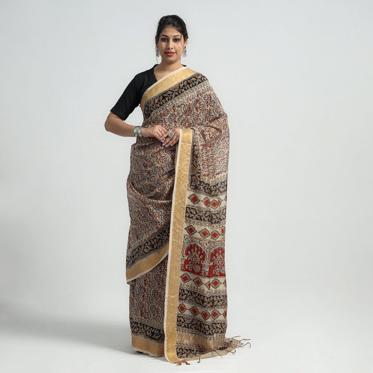 Multicolor Original Pedana Kalamkari Block Print Chanderi Silk Saree