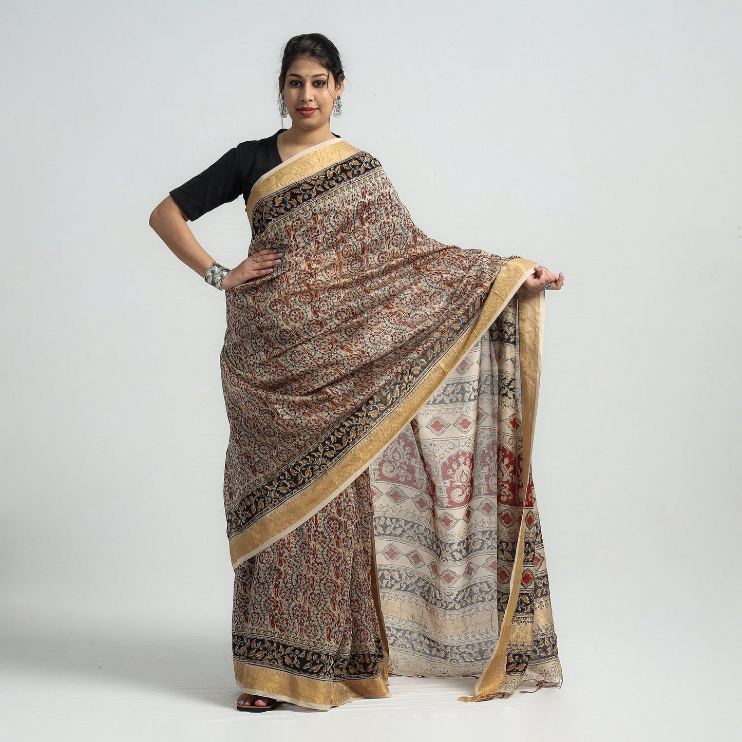 Multicolor Original Pedana Kalamkari Block Print Chanderi Silk Saree