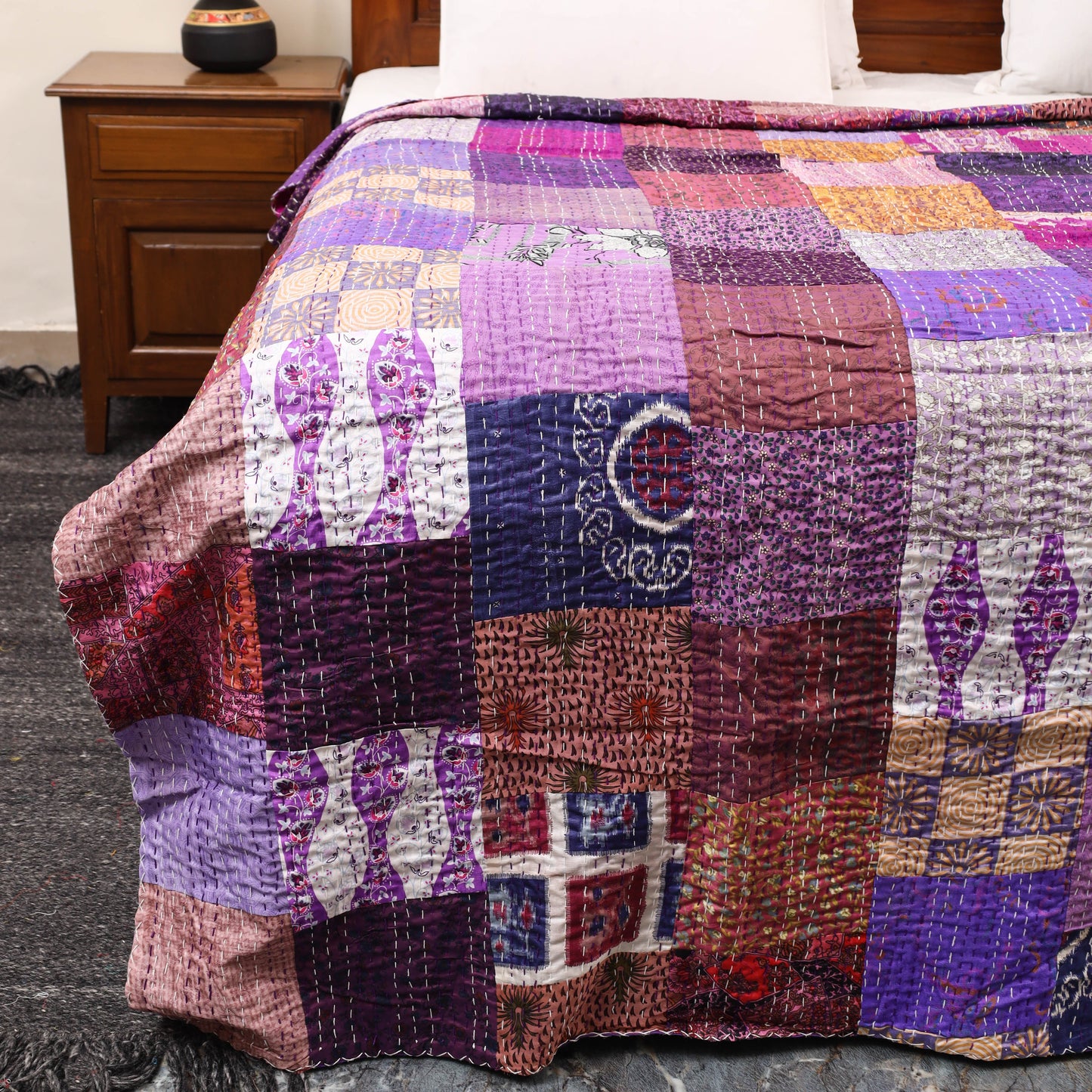 Ajrakh Patch & Tagai Mashru Silk Double Bed Cover / Quilt