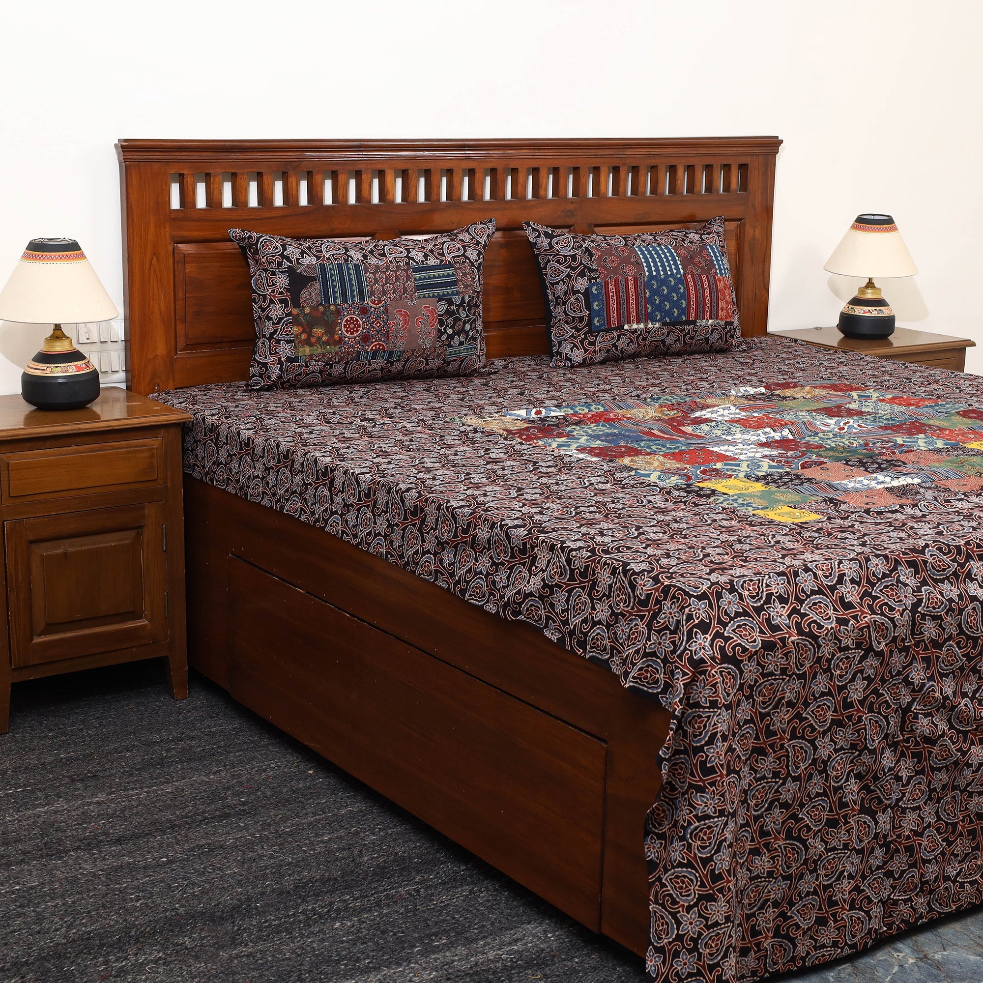 Multicolor - Patchwork Block Print Ajrakh Cotton Double Bed Sheet Set 14