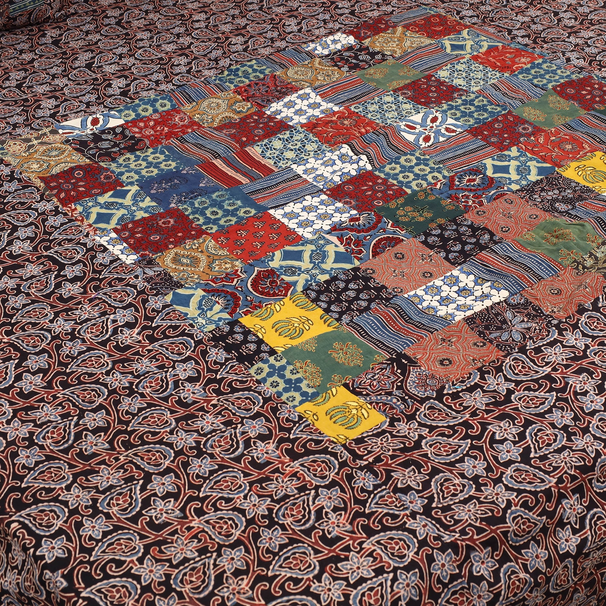 Black - Patchwork Block Print Ajrakh Cotton Double Bed Sheet Set 14
