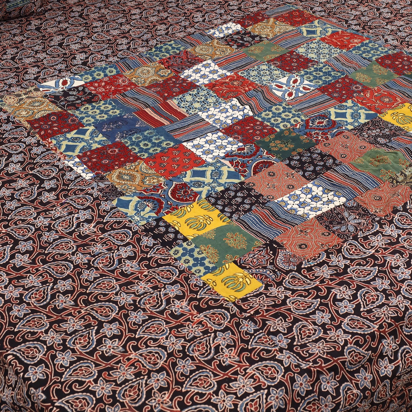 Black - Patchwork Block Print Ajrakh Cotton Double Bed Sheet Set 14
